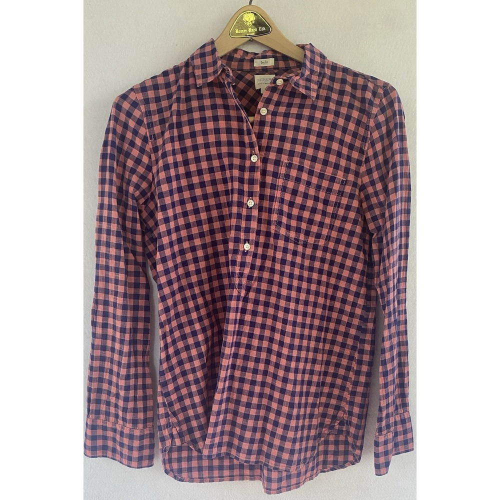 J Crew Pink Plaid Button Up Shirt Womens Small Boy Fit Classic City Comfort